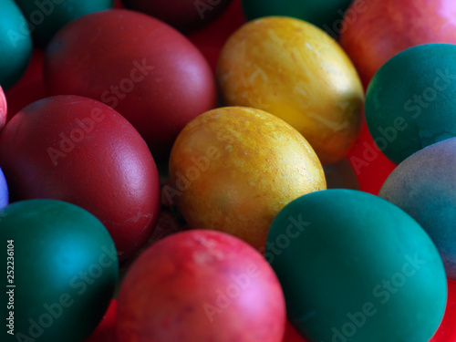 Traditional Easter painted color eggs  spring Christian holiday   selective focus