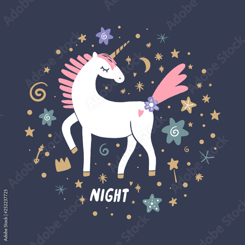 Vector cute animals art. Little pony, night unicorn in simple cartoon scandinavian style. Good for nursery clothes