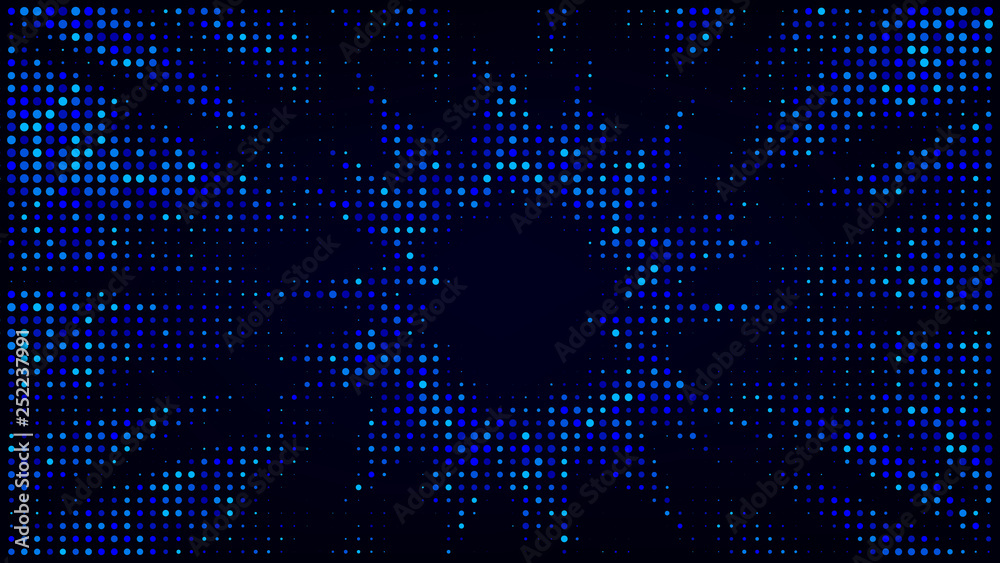 Festive shiny neon background. Halftone gradient pattern vector illustration. Explosion, salute. Glowing blue dotted, blue disco lights halftone texture. Pop Art comic Background. Dots background Festive shiny neon background. Halftone gradient pattern vector illustration. Explosion, salute. Glowing blue dotted, blue disco lights halftone texture. Pop Art comic Background. Dots background