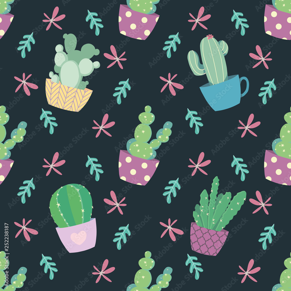 Seamless pattern with cute and bright cartoon cactus plants and flowers on dark background