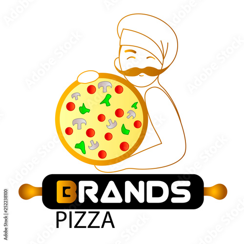 Pizzeria, fast food logo or label. Happy chef holding pizza and scapula in hands. Vector illustration 