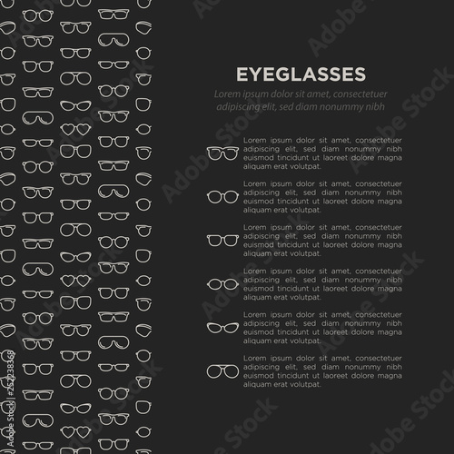 Eyeglasses concept with thin line icons: sunglasses, sport glasses, rectangular, aviator, wayfarer, round, square, cat eye, oval, extravagant, big size. Vector illustration for banner, print media. photo