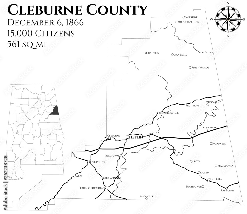 Large and detailed map of Cleburne county in Alabama, USA