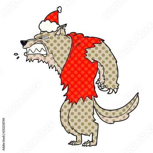 angry werewolf comic book style illustration of a wearing santa hat