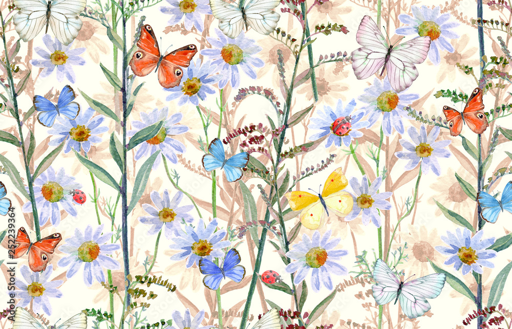 seamless texture with meadow flowers and flying butterflies. watercolor painting - obrazy, fototapety, plakaty 