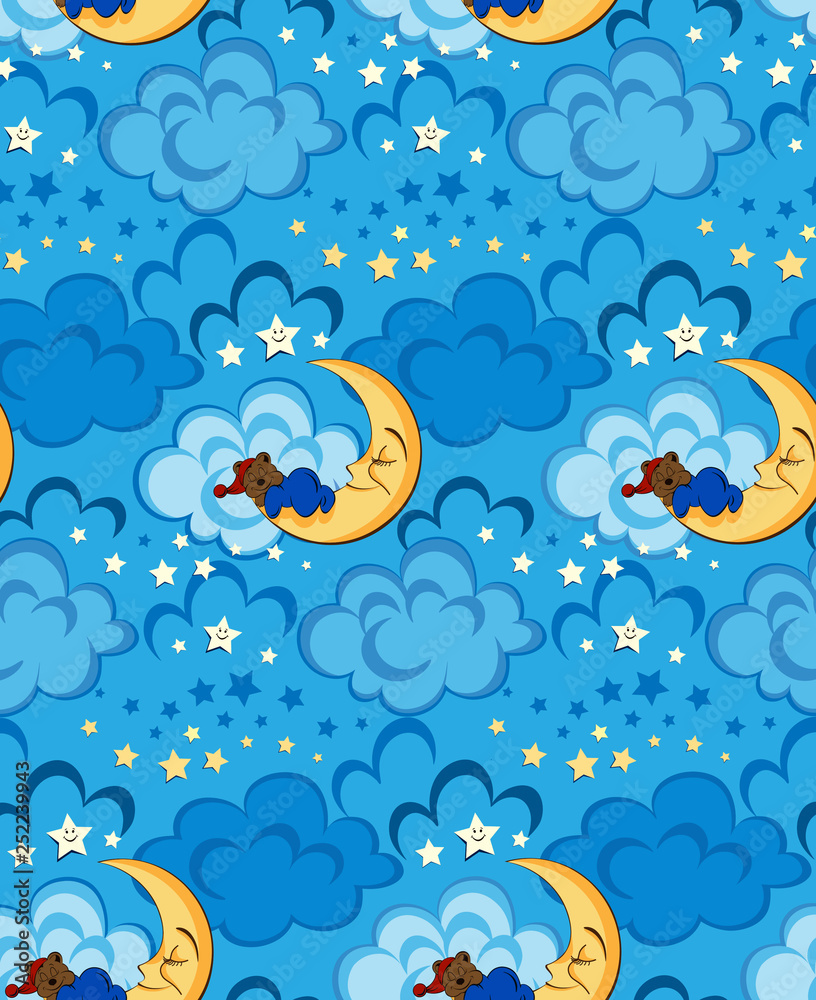 Seamless baby pattern with cartoon bear, moon and sky. Seamless baby pattern with cartoon bear, moon and sky.
