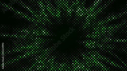 Festive shiny neon background. Halftone gradient pattern vector illustration. Explosion, salute. Glowing green dotted, green disco lights halftone texture. Pop Art comic Background. Dots background
