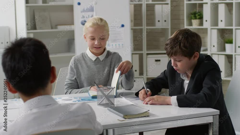 Panning of children pretending to be adults and organizing artificial business conference Panning of children pretending to be adults and organizing artificial business conference