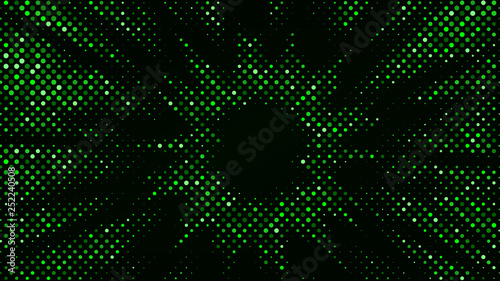Festive shiny neon background. Halftone gradient pattern vector illustration. Explosion, salute. Glowing green dotted, green disco lights halftone texture. Pop Art comic Background. Dots background