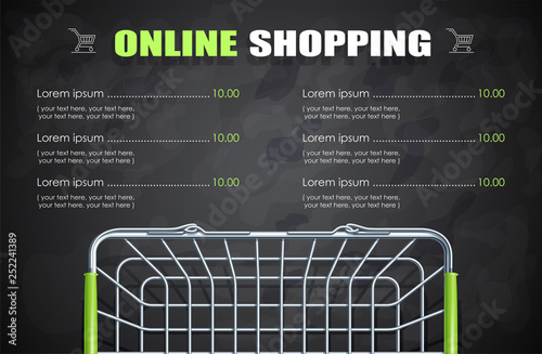 Shopping basket for supermarket products. Shop equipment. Realistic market trolley. Top view. Dark background. Eps10 vector illustration.