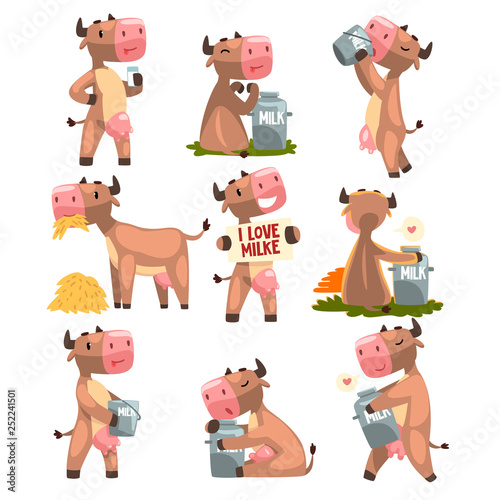Funny brown cow in different situations set, farm animal cartoon character vector Illustration