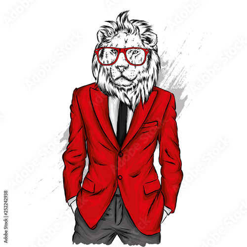 Lion with a human body in a jacket. Vector illustration. Hipster. Clothes and accessories. A man in a business suit.