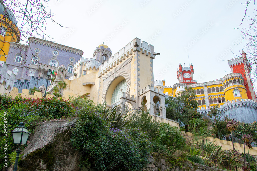 beautiful multi-colored castle of the 19th century in lisbon