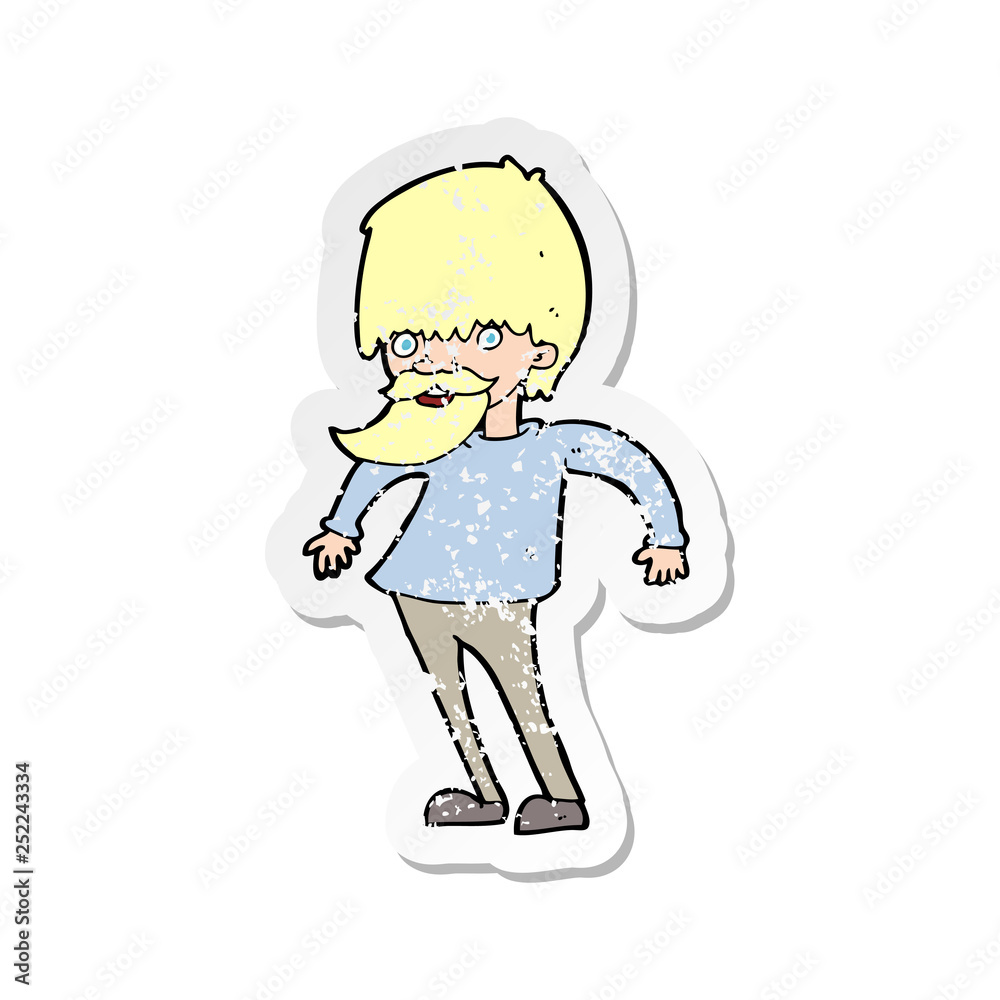 retro distressed sticker of a cartoon bearded man shrugging shoulders