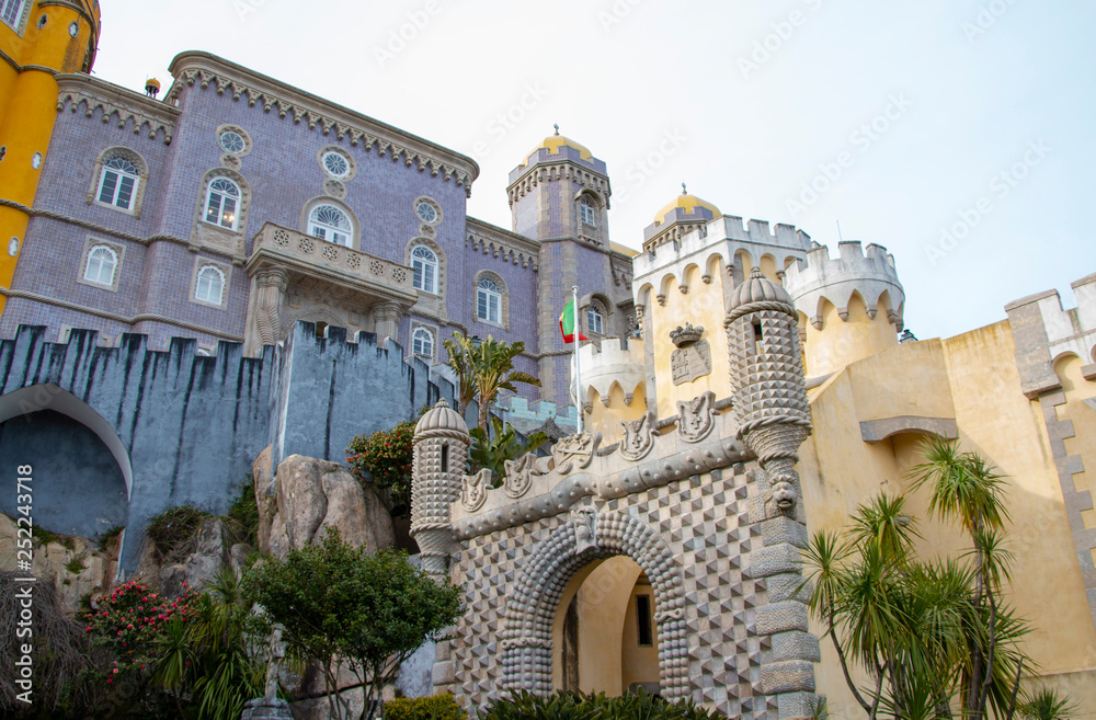 beautiful multi-colored castle of the 19th century in lisbon