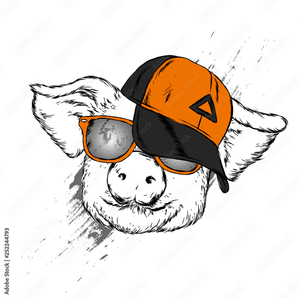 Funny pig in a cap and glasses. Cute pig. Clothes and accessories. Hipster.  Vector illustration for greeting card or poster. Stock Vector | Adobe Stock