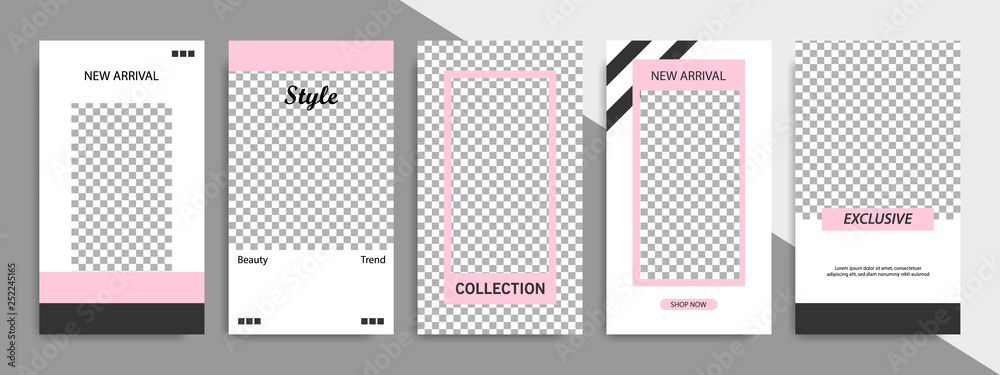 Modern minimal square stripe line shape template in pink, black and white color with frame. Corporate advertising template for social media stories, story, business banner, flyer, and brochure.