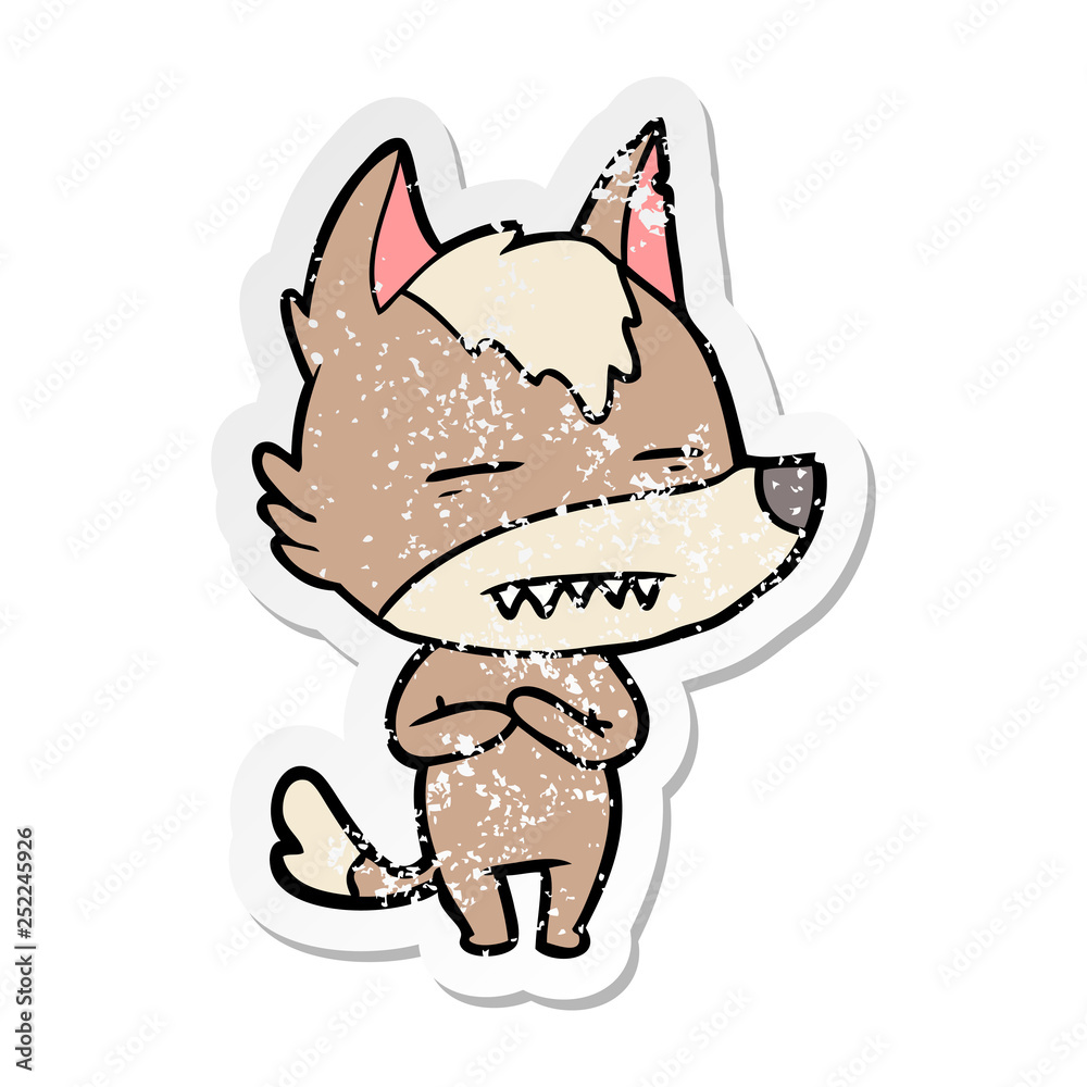 distressed sticker of a cartoon wolf showing teeth
