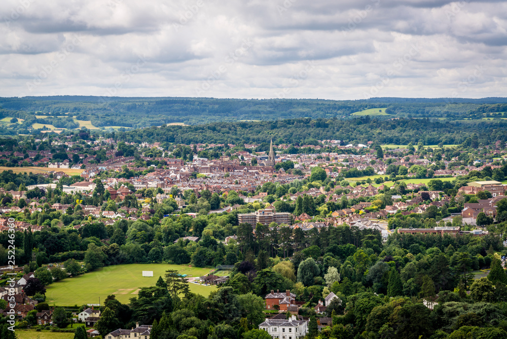 View of Dorking, the market town in Surrey, situated in the valley of the Pipp Brook between the North Downs and the Greensand Ridge, England, UK