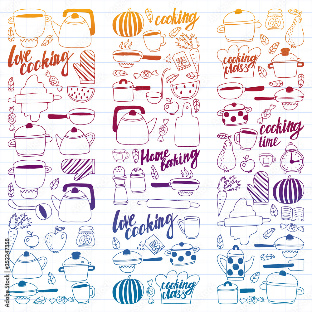 Vector set of children's kitchen and cooking drawings icons in doodle style. Painted, colorful, gradient, on a sheet of checkered paper on a white background