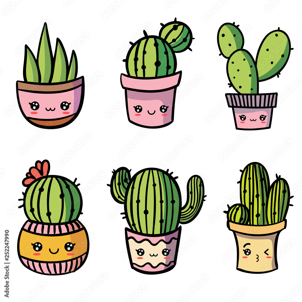 Vector kawaii happy succulents and cactus plant in flower pot. Set of cute cartoon  cactus. Cute faces. Stock Vector | Adobe Stock