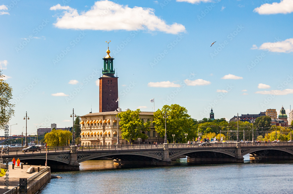 Amazing view on Riddarfjardenv bay, bridge, cityscape and the Stockholm City Hall Tower, the building of the Municipal Council for the City of Stockholm in Sweden.