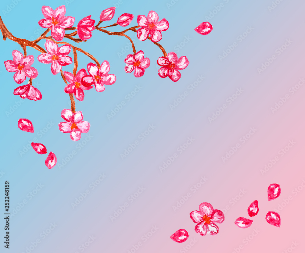 Abstract frame with pink cherry blossom flowers in corners on blue background, watercolor painting