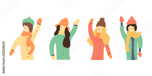 Flat Illustration Girls Wave  Hands in Greeting.