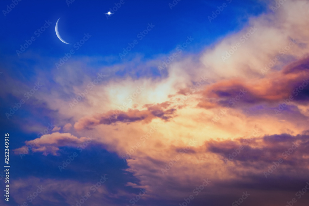 New moon. Prayer time. Generous Ramadan. Mubarak background. A decline or rising with cloud