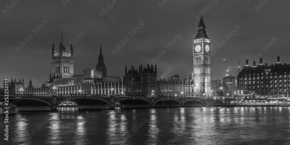 big ben and houses of parliament at night, black and white