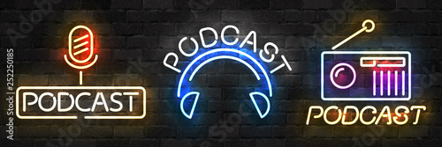 Vector set of realistic isolated neon sign of Podcast logo for template decoration on the wall background. Concept of on air and radio.