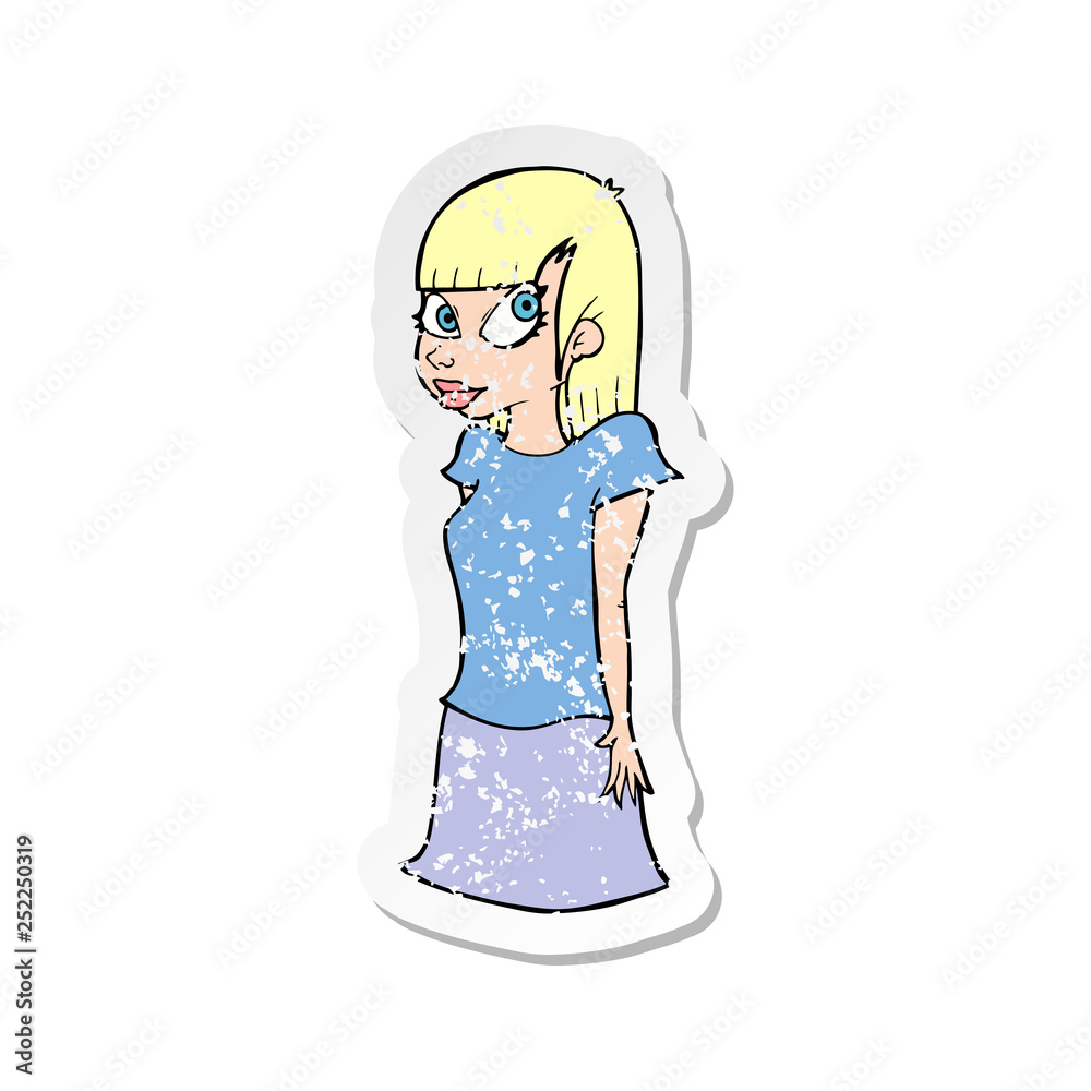 retro distressed sticker of a cartoon girl retro distressed sticker of a cartoon girl