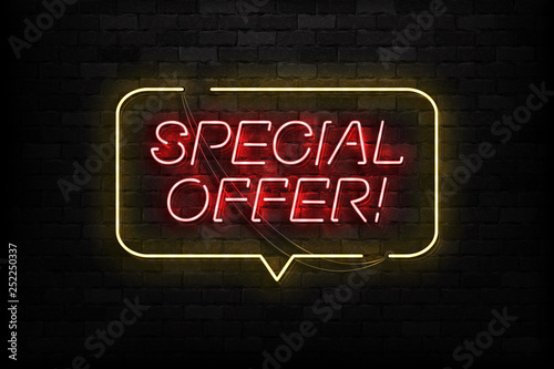 Vector realistic isolated neon sign of Special Offer logo for template decoration and covering on the wall background. Concept of online shopping and e-commerce.