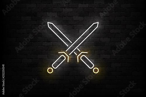 Vector realistic isolated neon sign of Crossed Swords logo for template decoration and covering on the wall background.