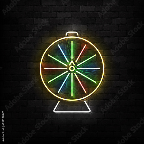 Vector realistic isolated neon sign of Wheel of Fortune logo for template decoration and covering on the wall background. Concept of roulette and jackpot.