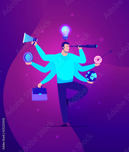 Vector business concept illustration Businessman with multitasking and multi skill