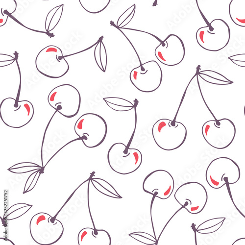 Whimsical hand-drawn doodle cherries vector seamless pattern background. Line Art Summer Fruits