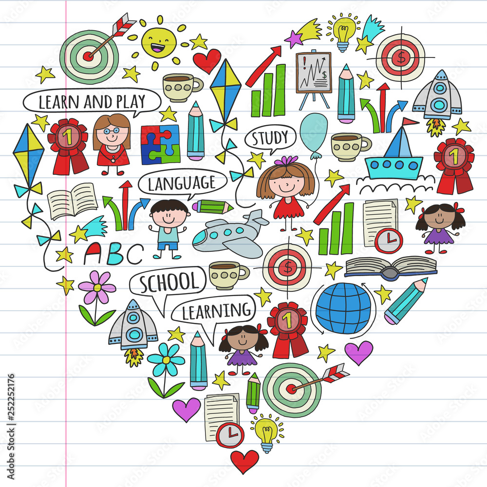 Vector set of learning English language, children's drawing icons in doodle style. Painted, colorful, pictures on a piece of linear paper on white background