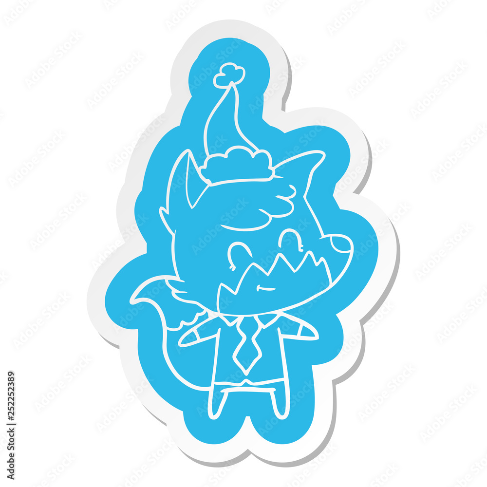 cartoon sticker of a friendly fox wearing santa hat cartoon sticker of a friendly fox wearing santa hat