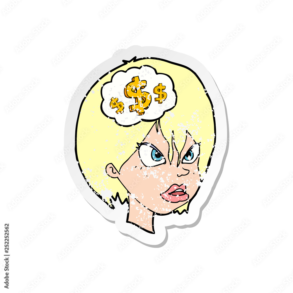 retro distressed sticker of a cartoon woman thinking about money retro distressed sticker of a cartoon woman thinking about money