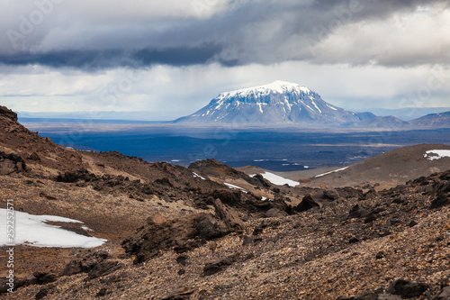 Stormy clouds over Herdubreid tuya mountain Odadahraun lava field Highlands of Iceland Scandinavia