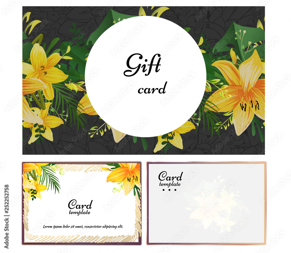 Flowers background. Gift card creative with lily and foliage design. Modern brochure cover design.