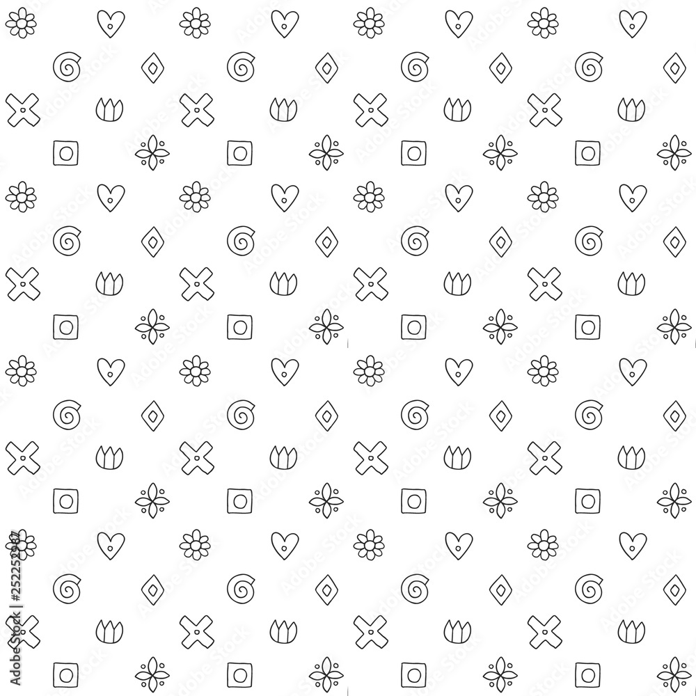 Geometric vector seamless pattern with different geometrical hand drawn forms. Square, triangle, rectangle, dots, circles, hearts, flowers. Graphic design. Abstract background black white Illustration