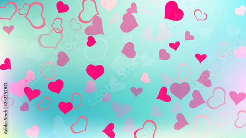 Romantic background. A sample of wallpaper design, textiles, packaging, printing, holiday invitation for Valentine's Day. Red hearts of confetti are falling. Red on Gradient fond Vector.