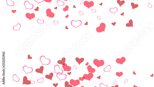 Red hearts of confetti are flying. Red on White fond Vector. A sample of wallpaper design, textiles, packaging, printing, holiday invitation for Valentine's Day. Light background.