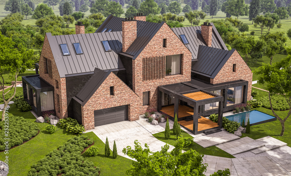 3d rendering of modern cozy clinker house on the ponds with garage and pool for sale or rent with beautiful landscaping on background. Clear sunny summer day with blue sky. 3d rendering of modern cozy clinker house on the ponds with garage and pool for sale or rent with beautiful landscaping on background. Clear sunny summer day with blue sky.