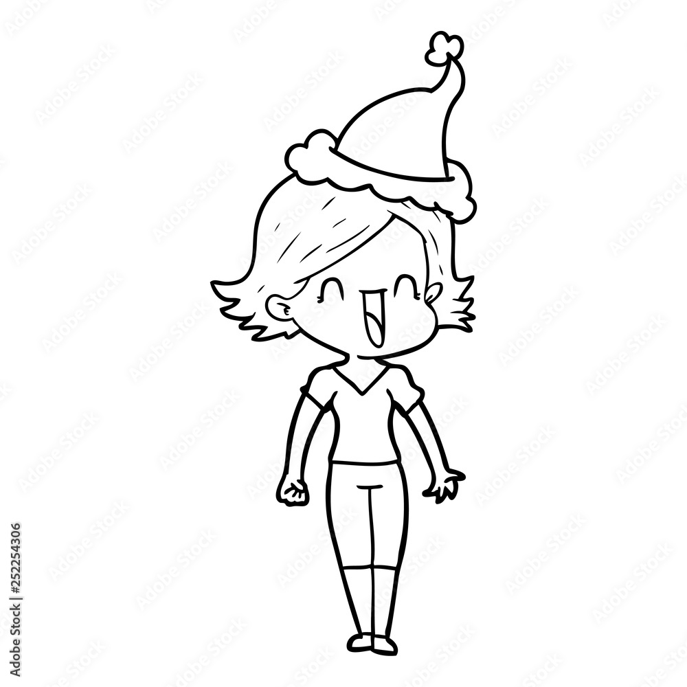 line drawing of a happy woman wearing santa hat