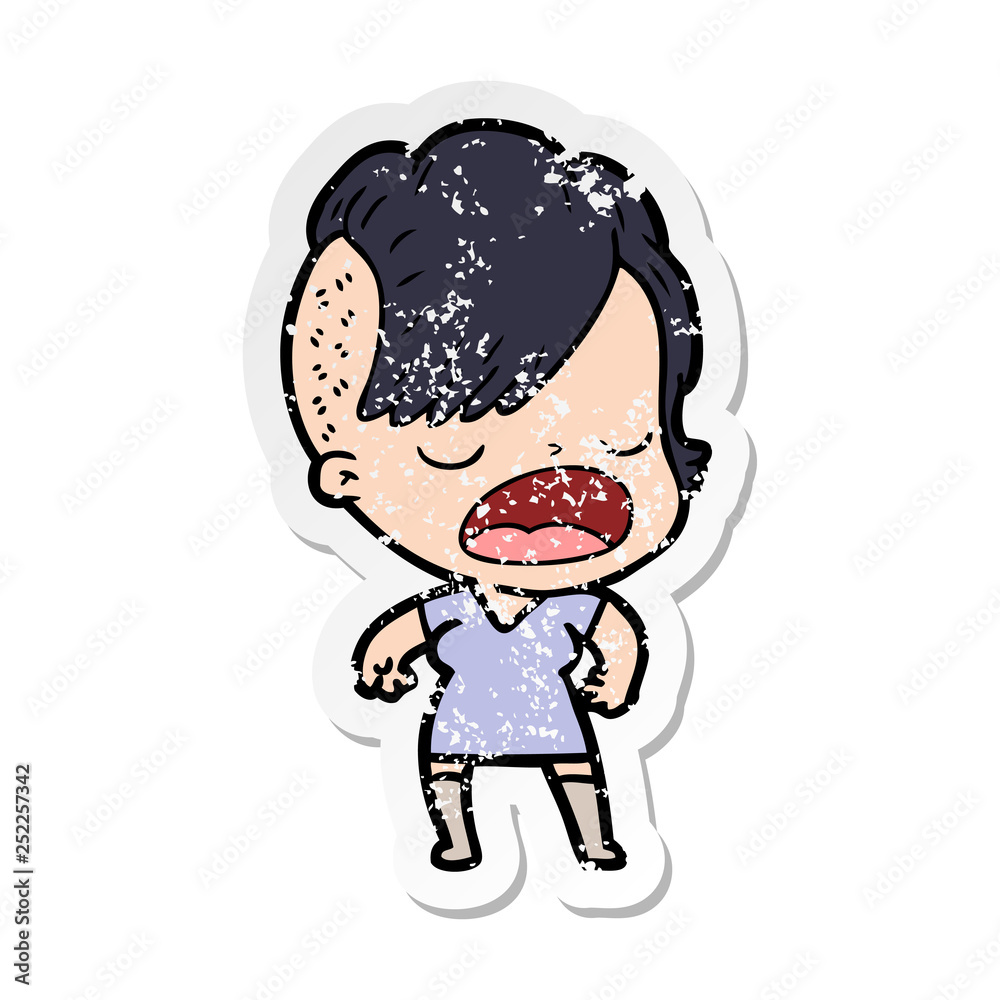 distressed sticker of a cartoon cool hipster girl talking distressed sticker of a cartoon cool hipster girl talking