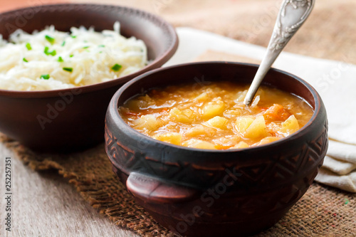 Kapustnyak - traditional Ukrainian winter soup with sauerkraut and millet, obligatory dish on the Christmas Eve table