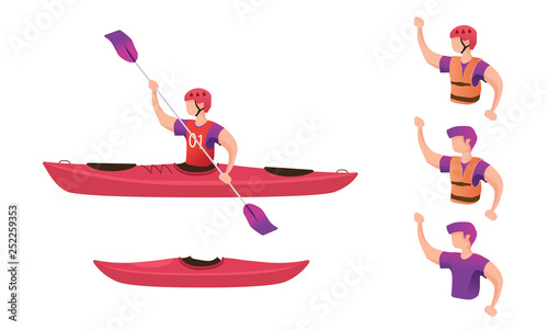 Kayak and people equipped with various kayak equipment. Vector illustration.